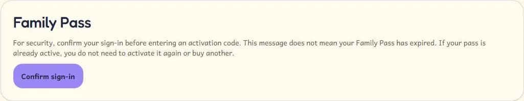 Family Pass security prompt in Settings with a Confirm sign-in button.