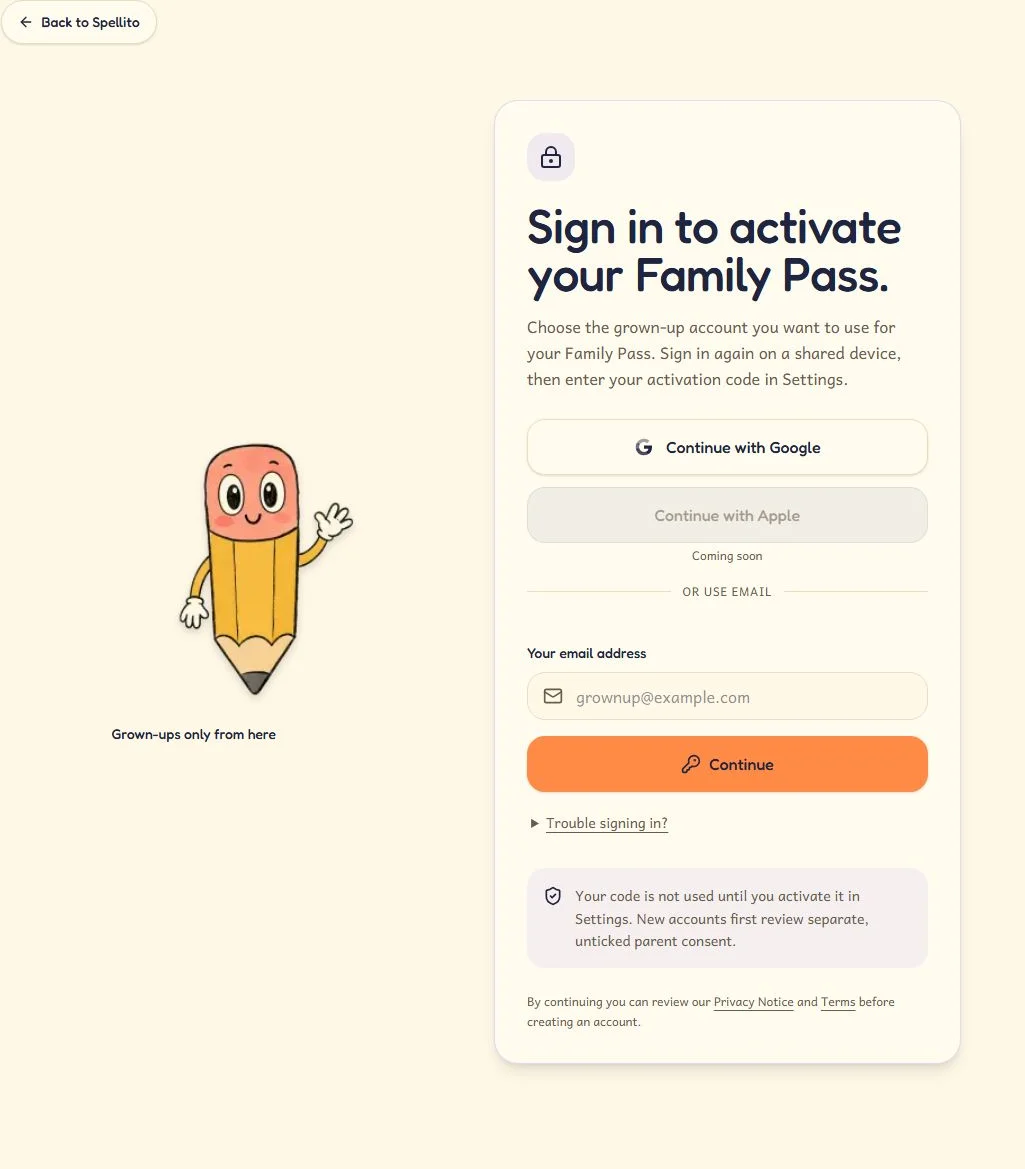 Adult sign-in with Google or a blank email field and Continue button, shown on the Family Pass activation route.