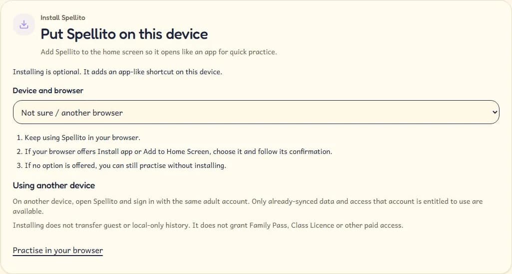 Spellito Settings installation help with a Device and browser selector and browser installation steps.
