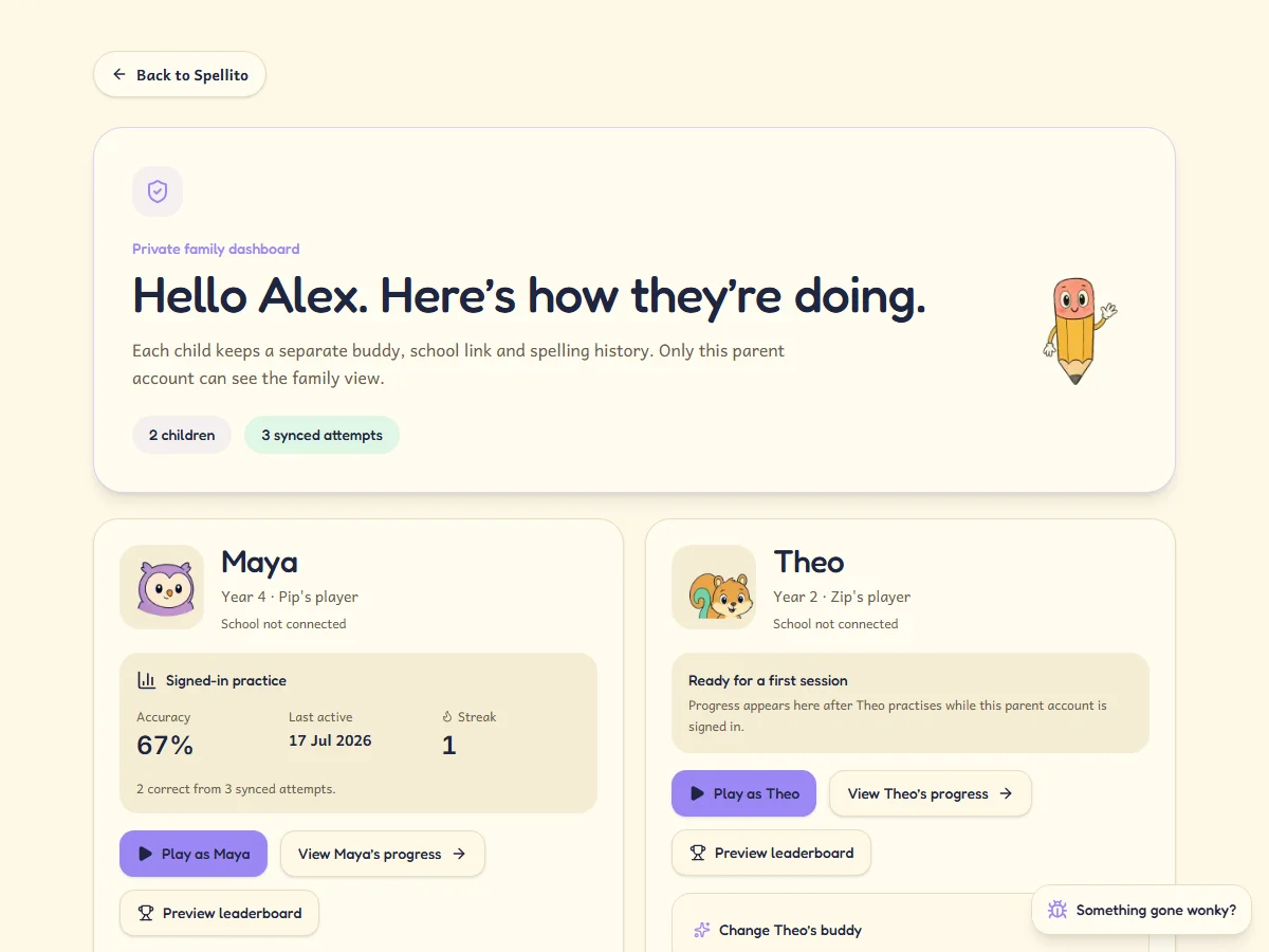 Spellito parent dashboard showing two fictional child profiles, spelling buddies and private progress