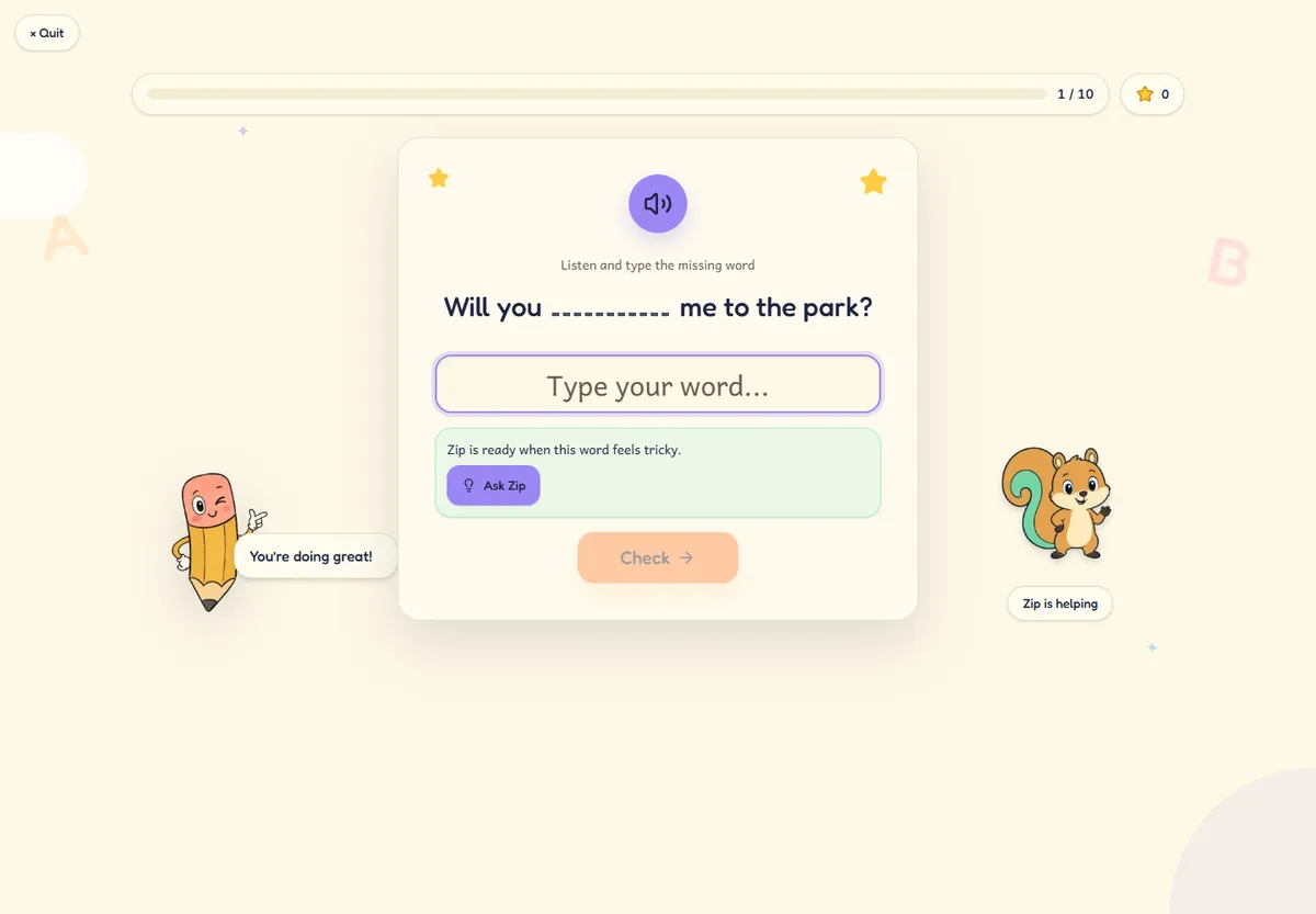 Spellito practice screen showing a sentence, answer box and Zip the spelling buddy